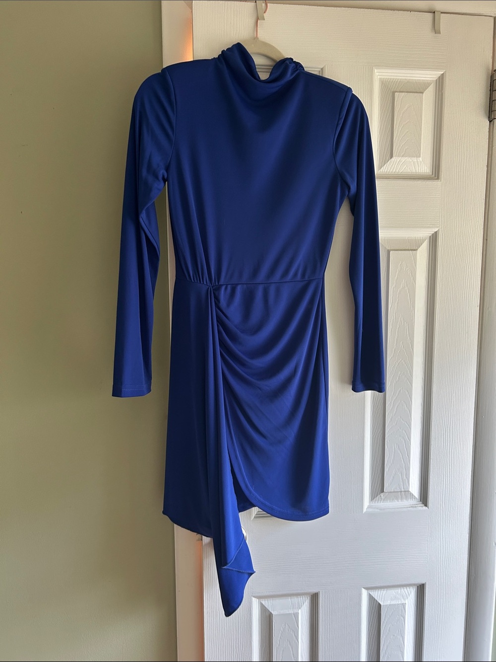 Aqua Royal Blue Long-Sleeve Draped Asymmetric Dress